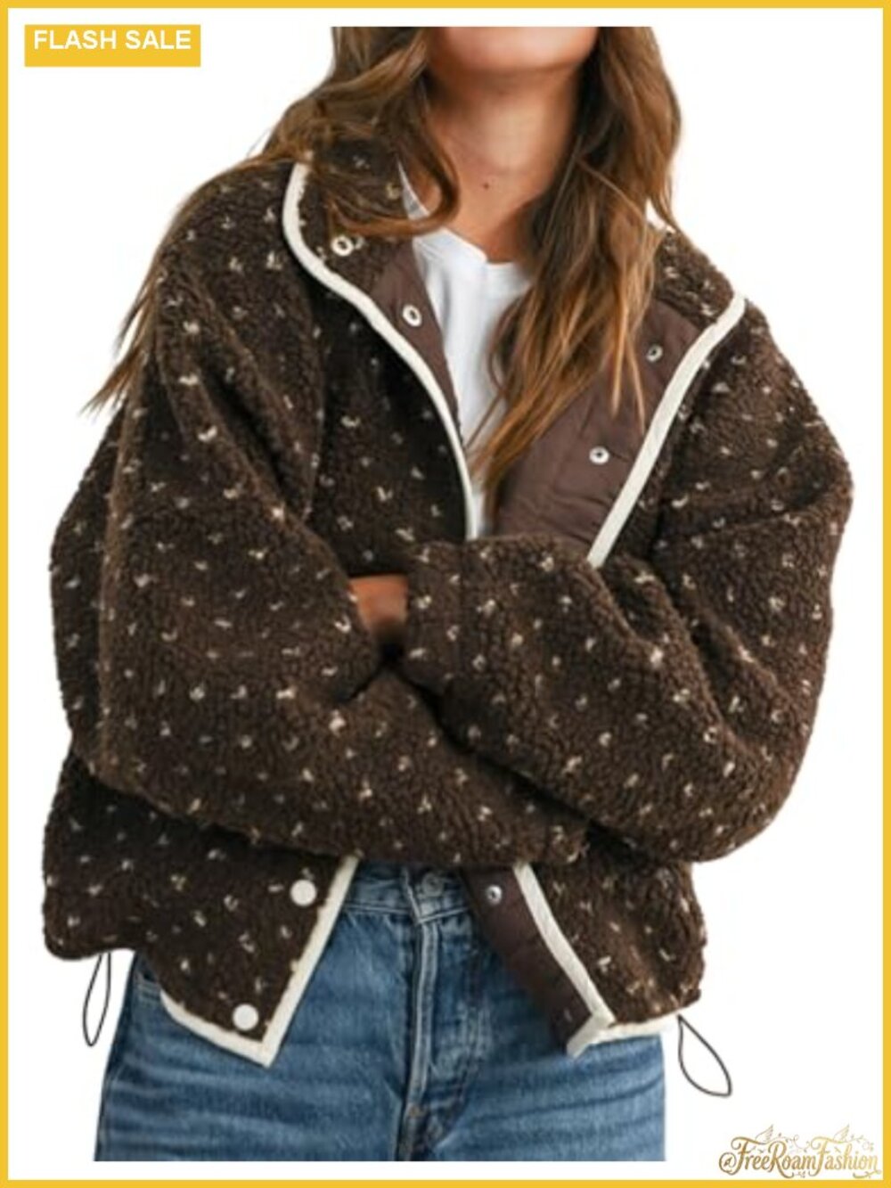 Sherpa Fleece Quilted Button Down Jacket Contrast Stripe Zip Pockets